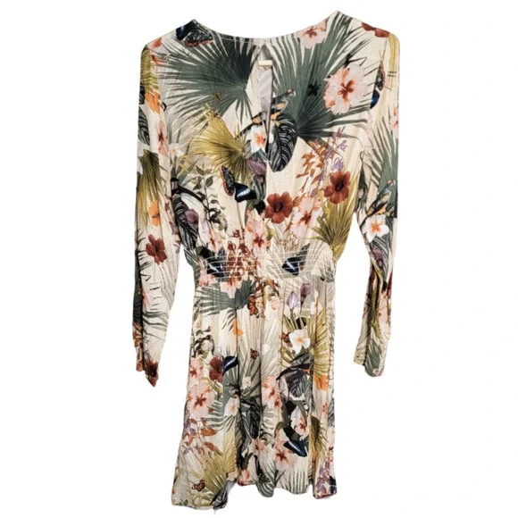 H&M Tropical Safari Bird Palm Leaf Butterfly Floral Print Dress Size 4 - Picture 3 of 9